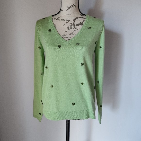 NWoT BEA YUK MUI Crystal Embellished Silk Cotton Sweater V-Neck Green - Picture 1 of 11